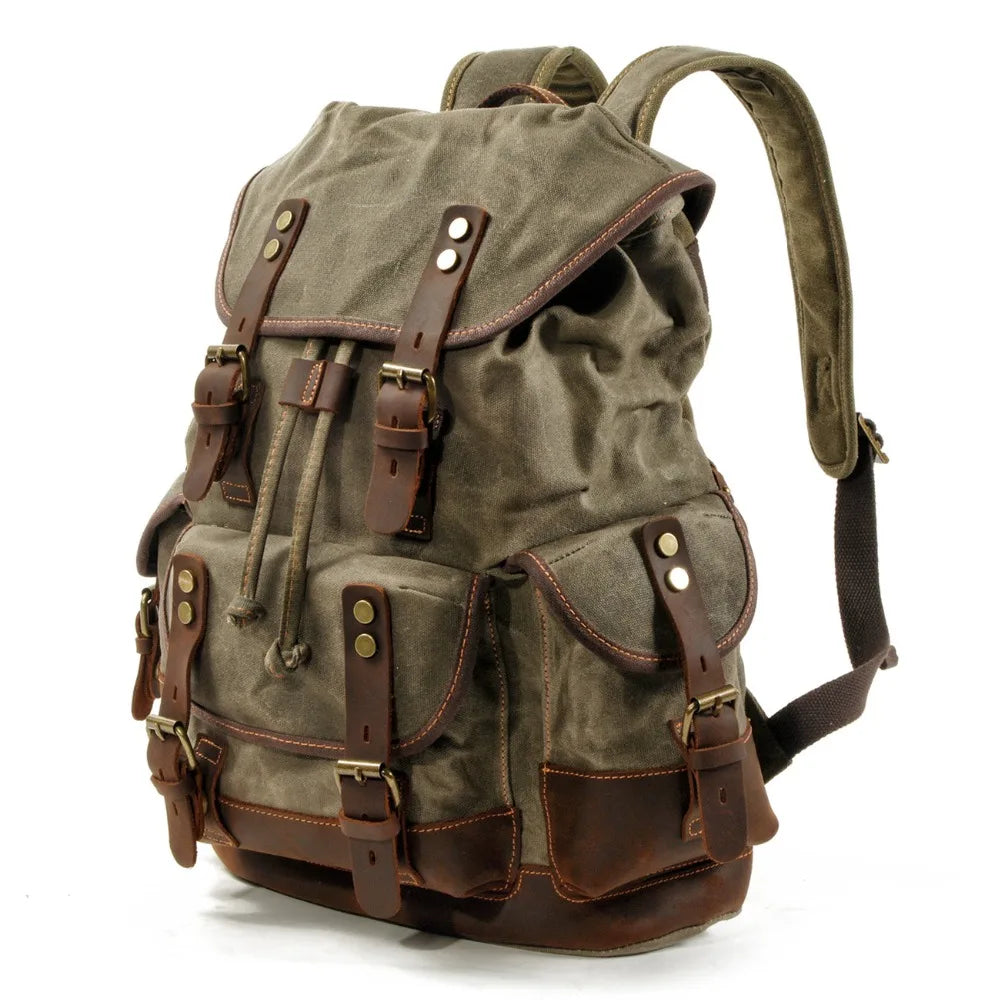 Unisex Military Hiking Interior Zipper Canvas Leather Polyester Over Flap-Belt Design Backpacks/Single Laptop Compartment/ Shoulder Strap/Handles/Interior Pockets-External Pockets/Colors-Green/Gray/Brown/Black/Animal