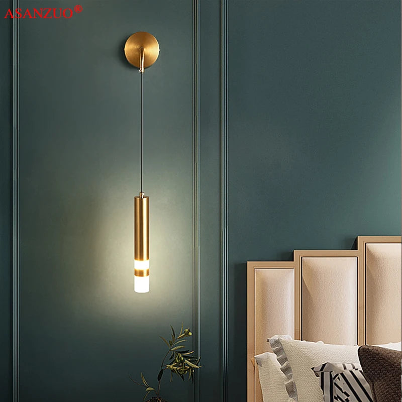 Modern Shadeless LED Aluminum-Acrylic Wall Mounted Painted Hanging Cord Round Cylindrical Wall Lamps/Colors-Black/Gold