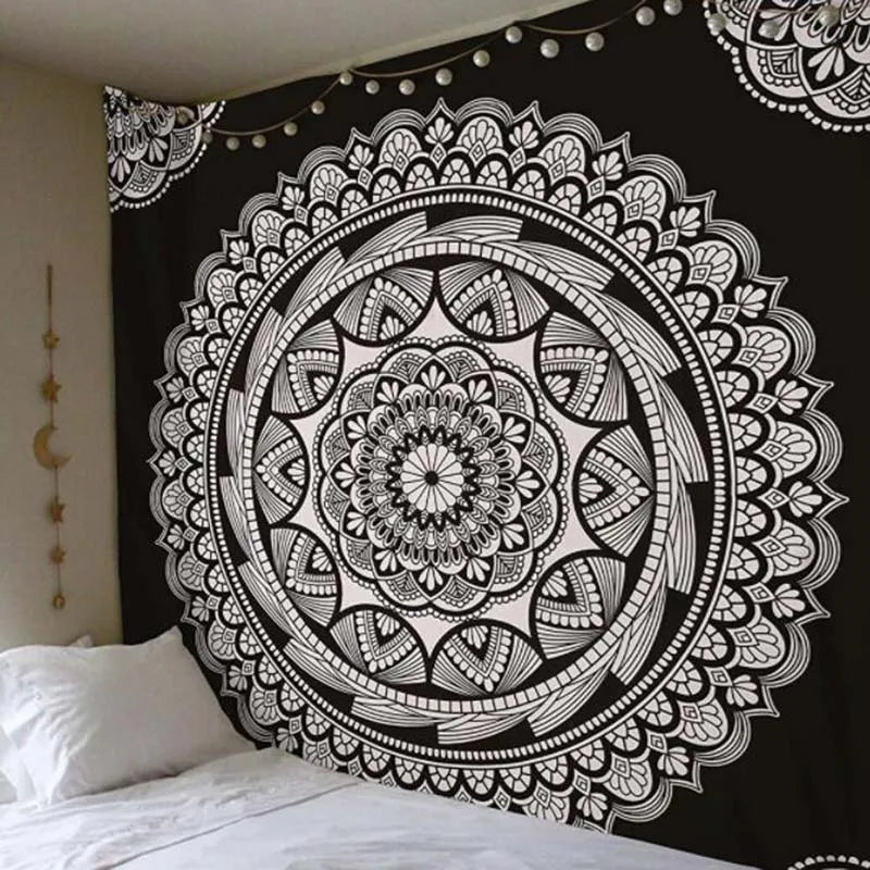 Geometric Color Printed Black Background Mandala Wall Hanging Cotton-Polyester Tapestries