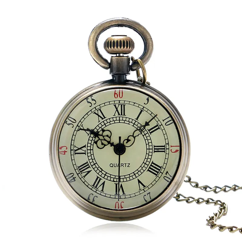 LUXFACIGOO Adults Bronze Round Shaped Metal Alloy Case Glass Face Quartz Analog Display Black Roman Numeral Chain-Pocket Watches