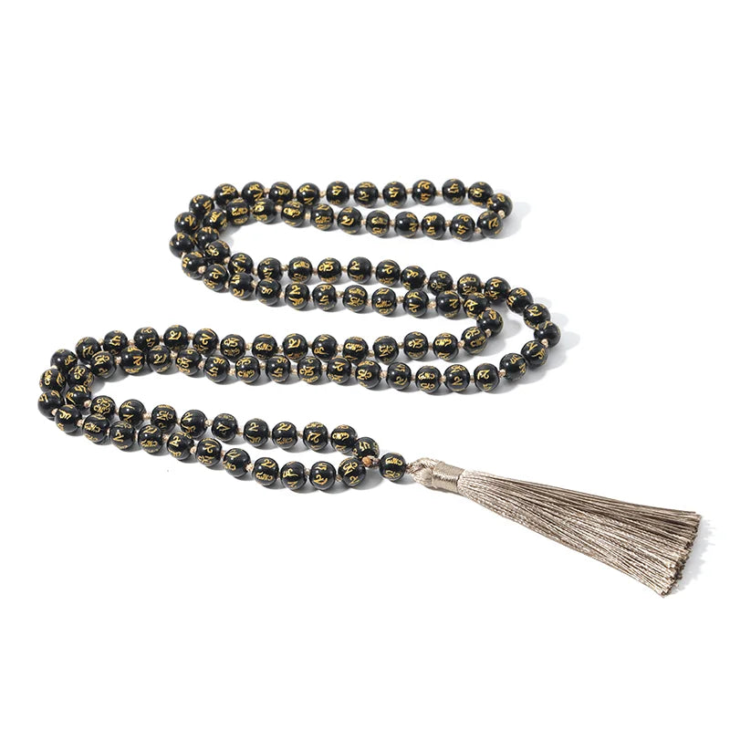 Adults Unisex Black-Gold Colored Engraved Mantra Six Words Mantra Obsidian Blessings Round Beaded-Knotted Tassel Imitation Necklaces