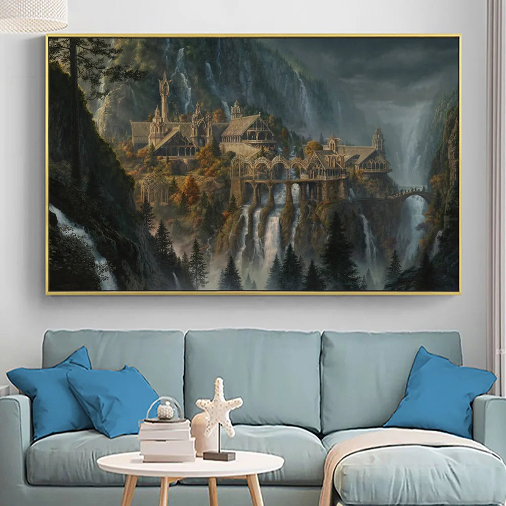 Unframed Canvas Waterproof Ink Middle-Earth Rivendell Landscape Art Prints/ Colors-Green/Beige