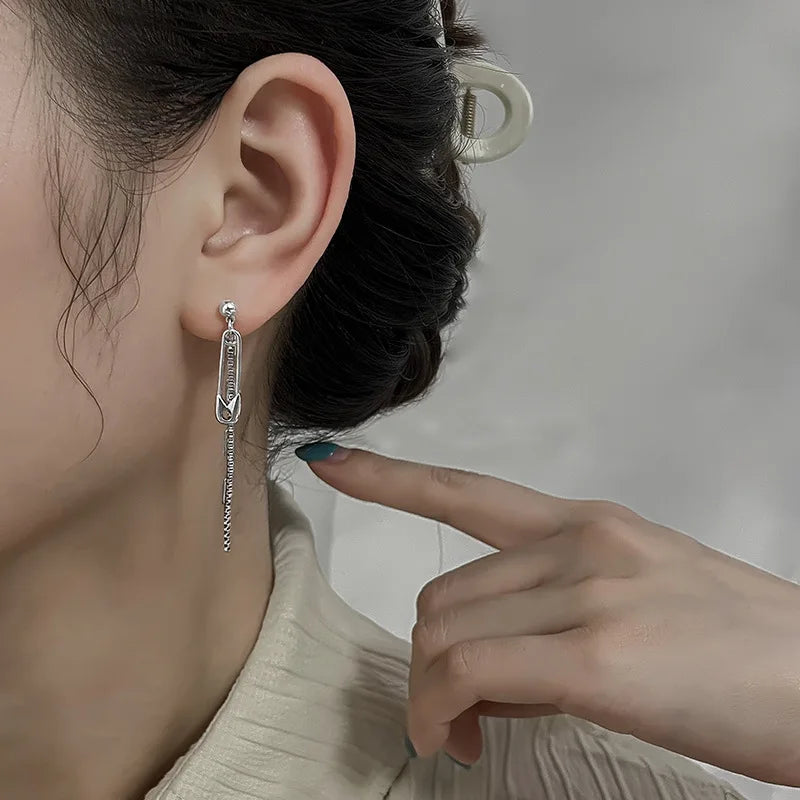 Women Creative Metal Pin-Chain Imitation Geometric Tassel Drop Earrings