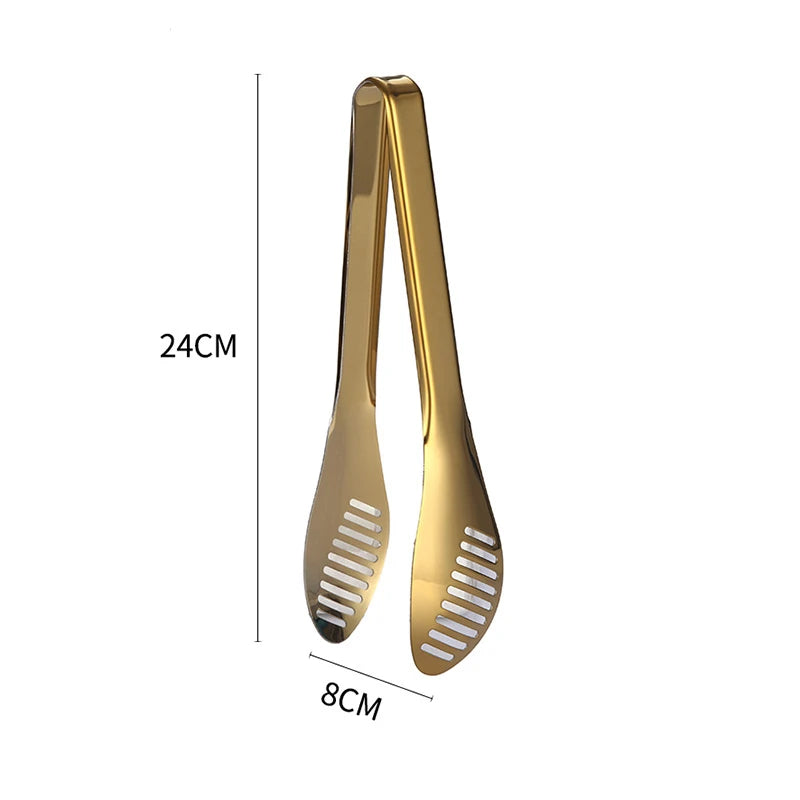 Kitchen Durable Stainless Steel BBQ Cooking Tongs/Colors-Gold/Black/Silver