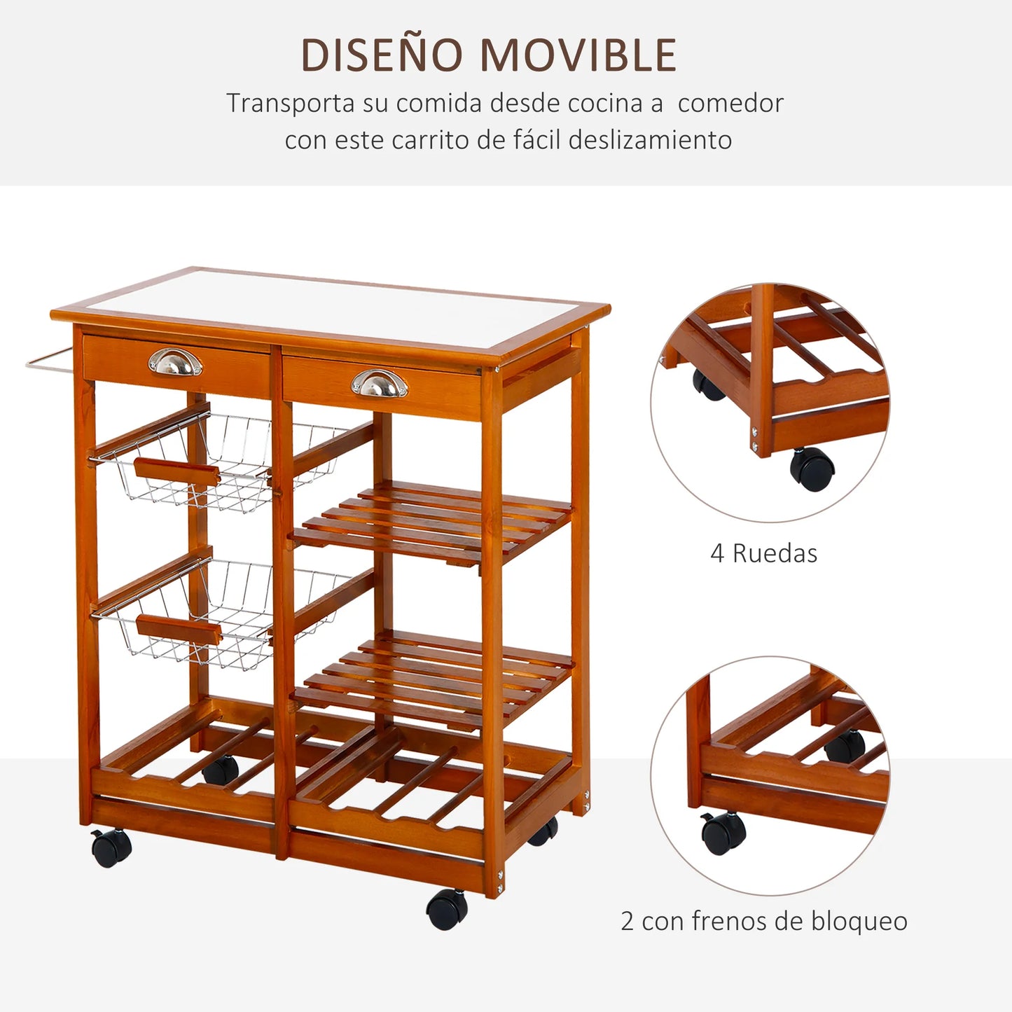 HOMCOM Brown Kitchen Ceramic Top Carts /4 Wheels w /2 Wired Baskets/2 Wood Shelves/Bottom Wine Bottle Shelf