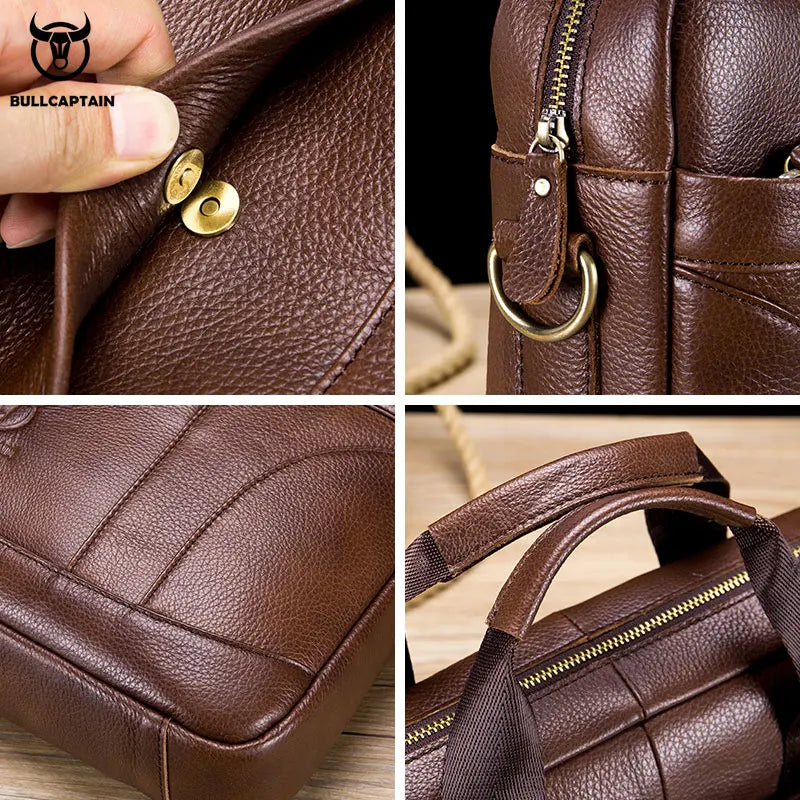 BULLCAPTAIN Cow Leather Shoulder Zipper Briefcase Bags/External Slit Pockets//14 inch Laptop Compartment /Detachable Handle/Straps/Colors-Black/Brown