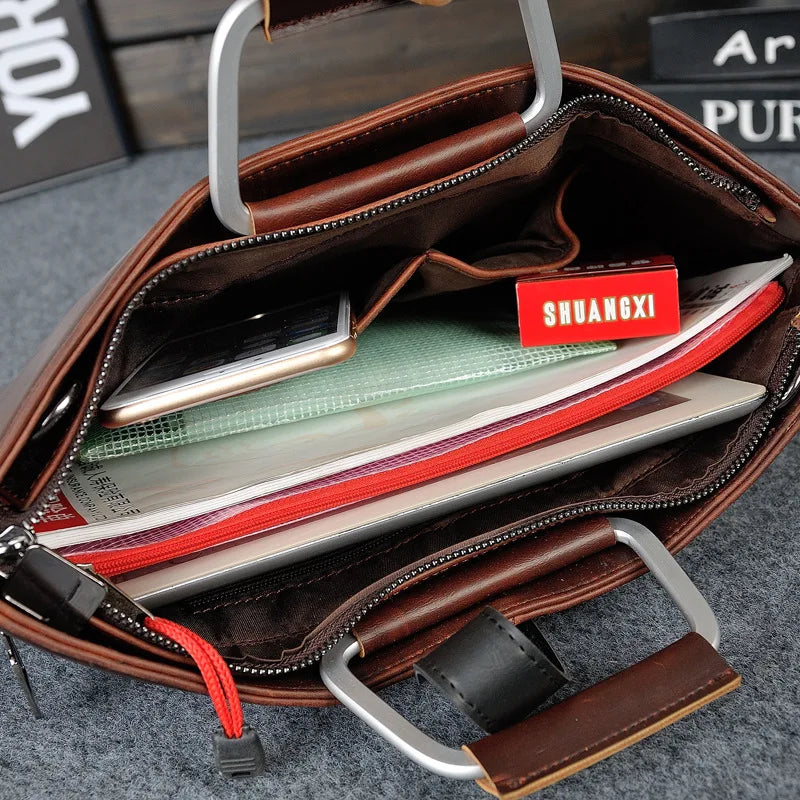 Brown Faux Leather Polyester Lining Interior/Exterior Zipper Slit Pockets Crossbody Shoulder Strap-Handles Briefcase Bags/Fits 14 Inch Laptop/Laptop Compartment