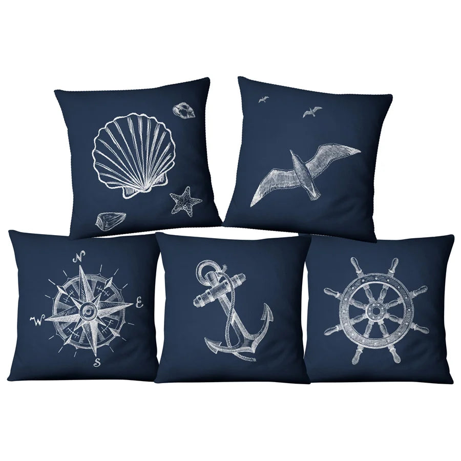 Blue Shell Starfish Linen / Cotton Throw Pillow Cover /Colors-Blue/Red/Animal