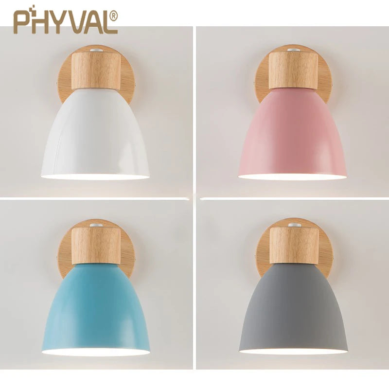 Nordic Iron Plain Dyed Up-Down Shade Direction Wall Mounted Wood Base Wall Lamps/Colors-White/Green/Yellow/Black/Gray/Pink/Bulb Cap Type E27
