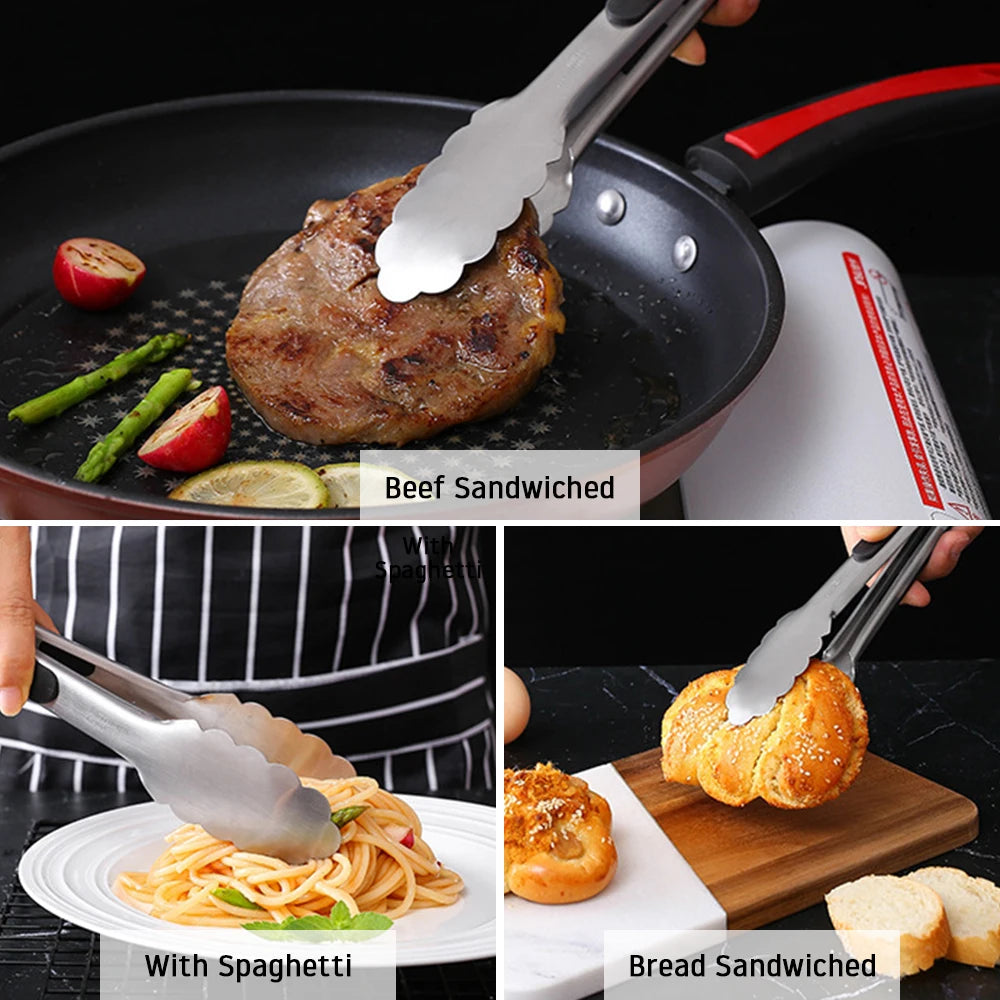 9-12-16 Inch Kitchen Long Silver Stainless Steel Non-Slip Black Silicone Handle BBQ Tongs/Lock-Hanging Hole/ High Temperature Resistant