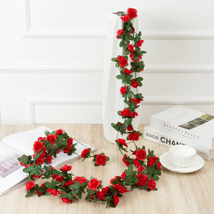 Plastic Artificial Climbing Flowering Silk Rose Vines/Colors-Light Blue/Red Rose/Deep Blue/Black/Light Purple/Champagne/Deep Pink/Orange/Plum/Beige/Light Blue/Burgundy