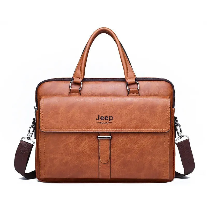 JEEP BULUO Men Faux Leather Shoulder Straps-Handle Briefcase Polyester Bags/For 14 Inch Laptop/Pockets/Laptop Compartment/Colors-Brown/Black