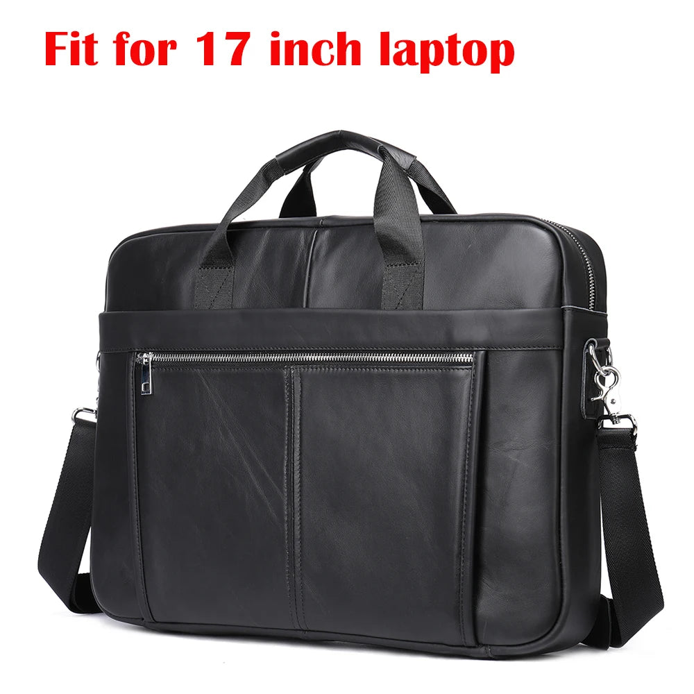 WESTAL Men Soft Cow Leather Zipper Briefcase Shoulder Bags/ A4 File Holder/ Laptop Compartment/ Handles/Straps/Key Holder/Fits 17 Inch Laptop/Colors-Black/Black