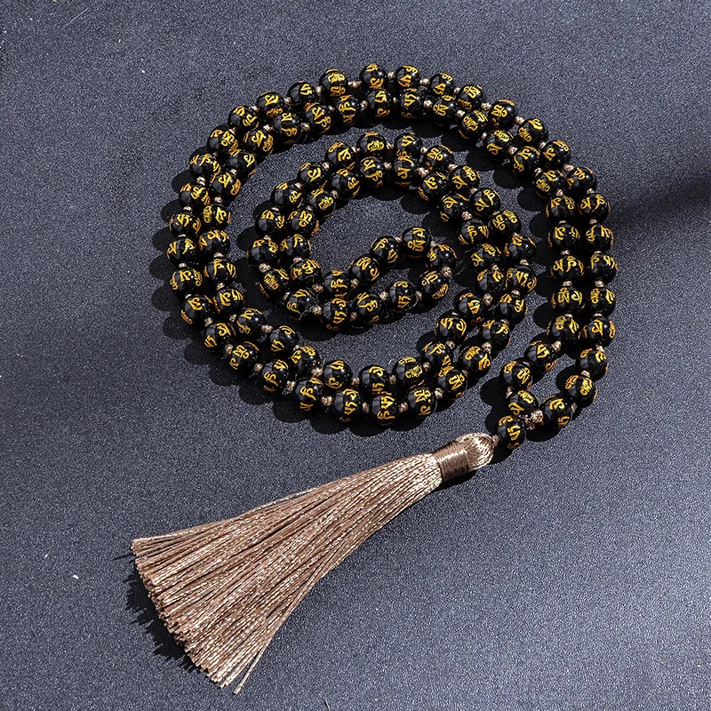 Adults Unisex Black-Gold Colored Engraved Mantra Six Words Mantra Obsidian Blessings Round Beaded-Knotted Tassel Imitation Necklaces