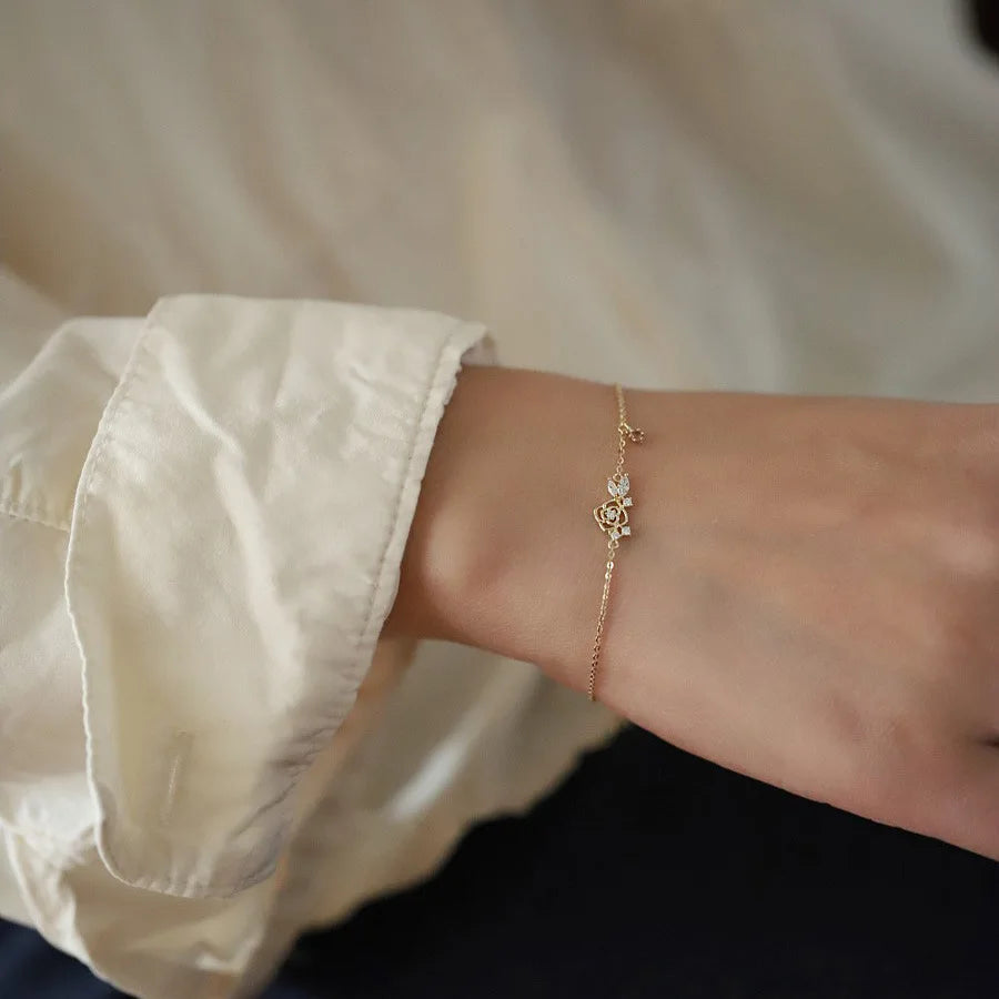 OBEAR Adult Women Korea Zircon Stone Hollow Out Floral Flower Design Non-Allergenic Sterling Silver 14K Gold-Plated Beaded Fine Charm Bracelets
