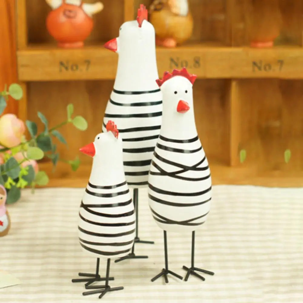 3PCS-Set Painted Carved Wood Chicken Figurines/Colors-Multicolor