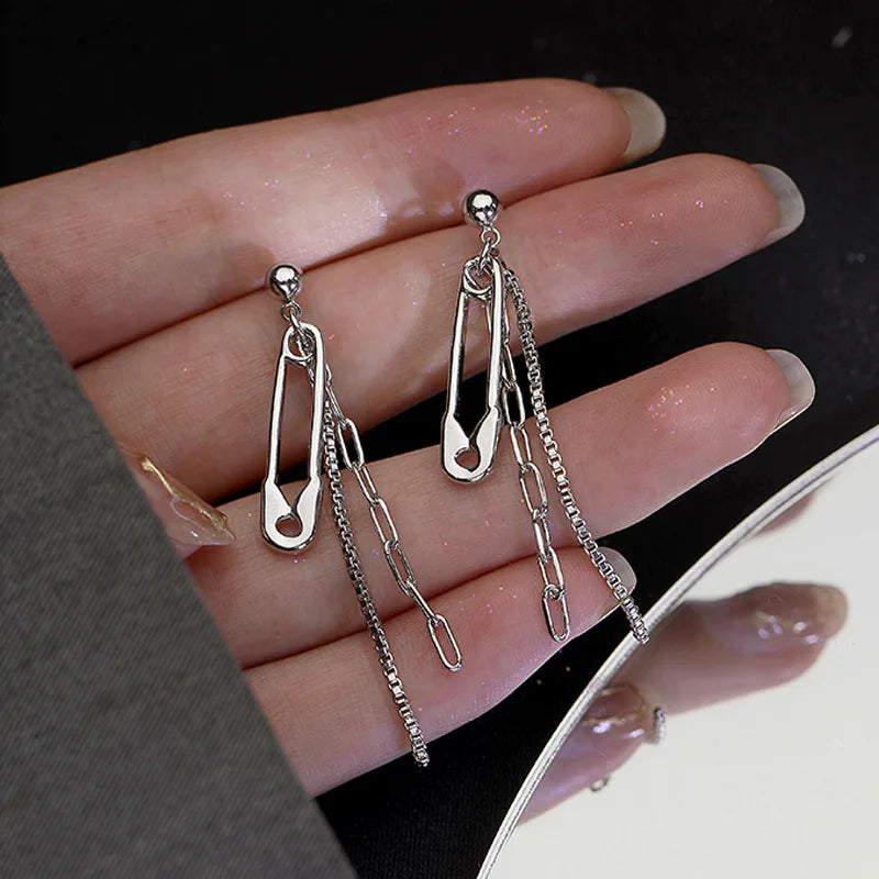 Women Creative Metal Pin-Chain Imitation Geometric Tassel Drop Earrings