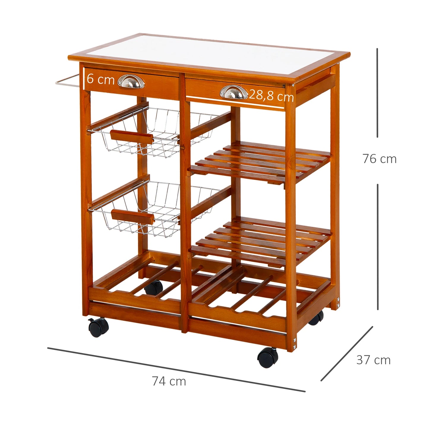 HOMCOM Brown Kitchen Ceramic Top Carts /4 Wheels w /2 Wired Baskets/2 Wood Shelves/Bottom Wine Bottle Shelf