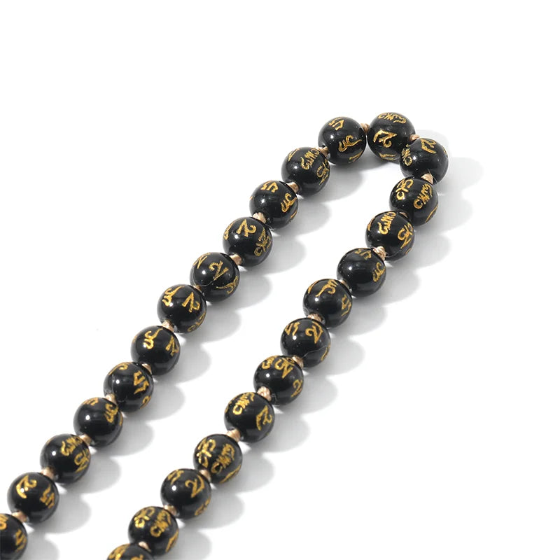 Adults Unisex Black-Gold Colored Engraved Mantra Six Words Mantra Obsidian Blessings Round Beaded-Knotted Tassel Imitation Necklaces