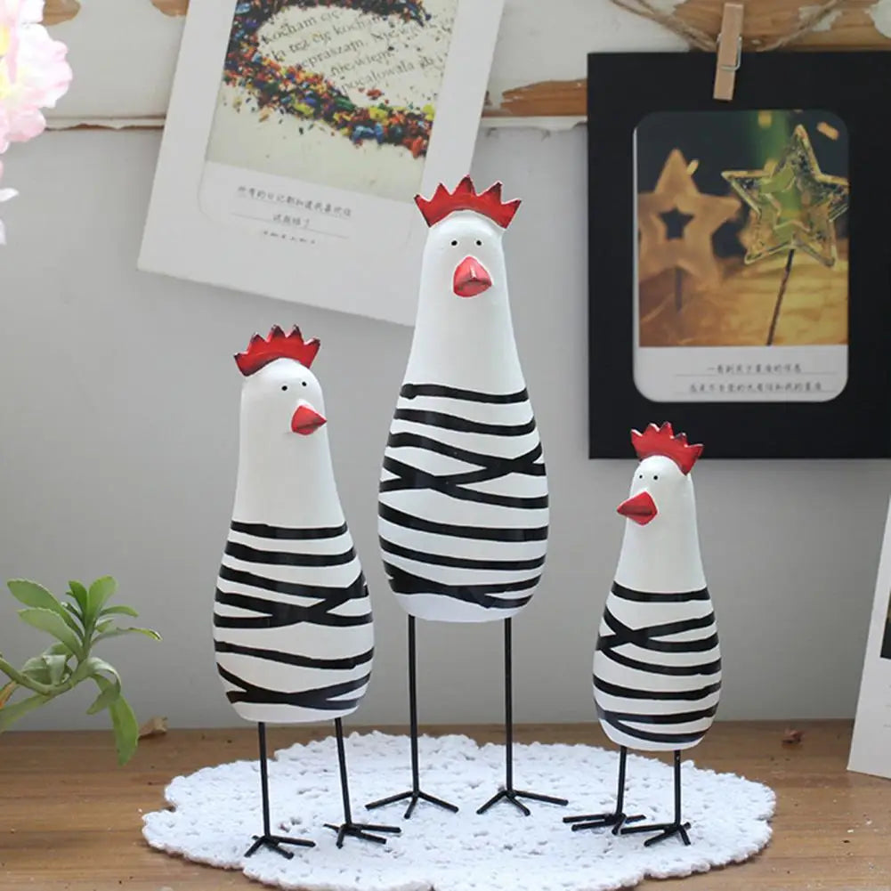 3PCS-Set Painted Carved Wood Chicken Figurines/Colors-Multicolor