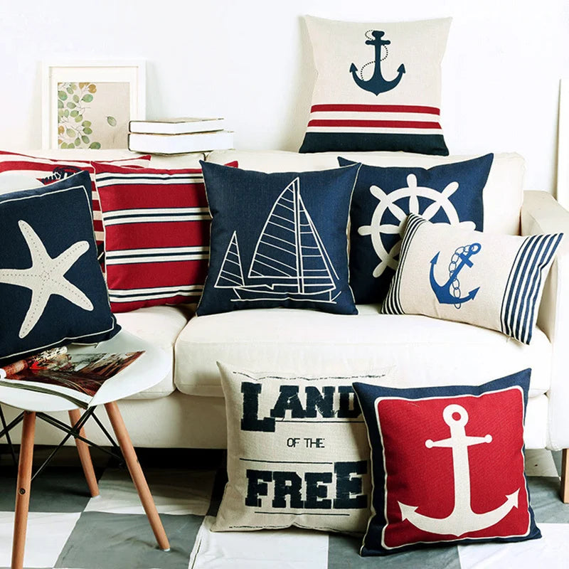 Blue Shell Starfish Linen / Cotton Throw Pillow Cover /Colors-Blue/Red/Animal