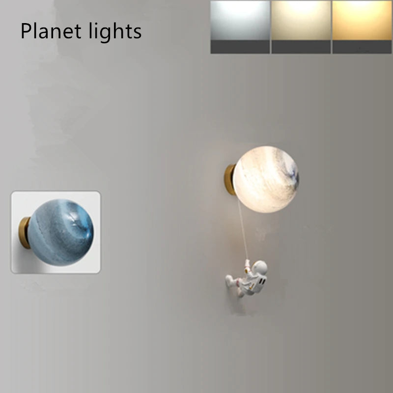 Kids Iron 3 LED Soft Light Color Glass 3D Printed Lampshade Cartoon Astronaut Resin Climbing A Adjustable Dropout Rope To The White Aura Full Moon Wall Mounted Lamps/Colors-Blue/Yellow/White/Beige
