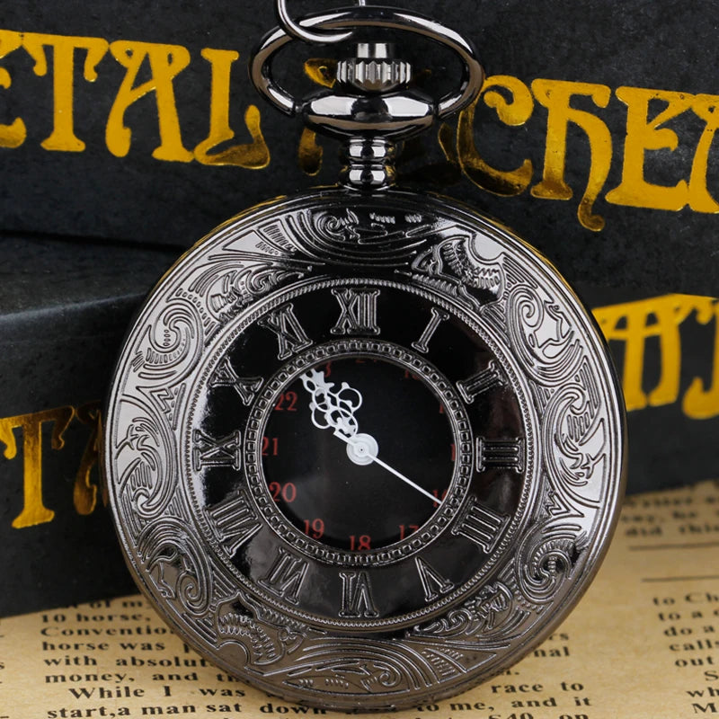 SHUHANG Adults Quartz Digital-Analog Display Plastic Face Gold-Black Round Shaped Stainless Steel Metal Case Hallow-Out Roman Numerals Pendant Chain-Pocket Watches