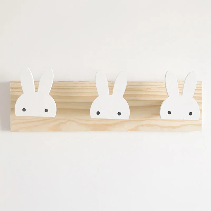 Girls Wood Cartoon Animal Rabbits-Ice Cream-Fairies 3 Hooks Wall Mounted Coat Rack