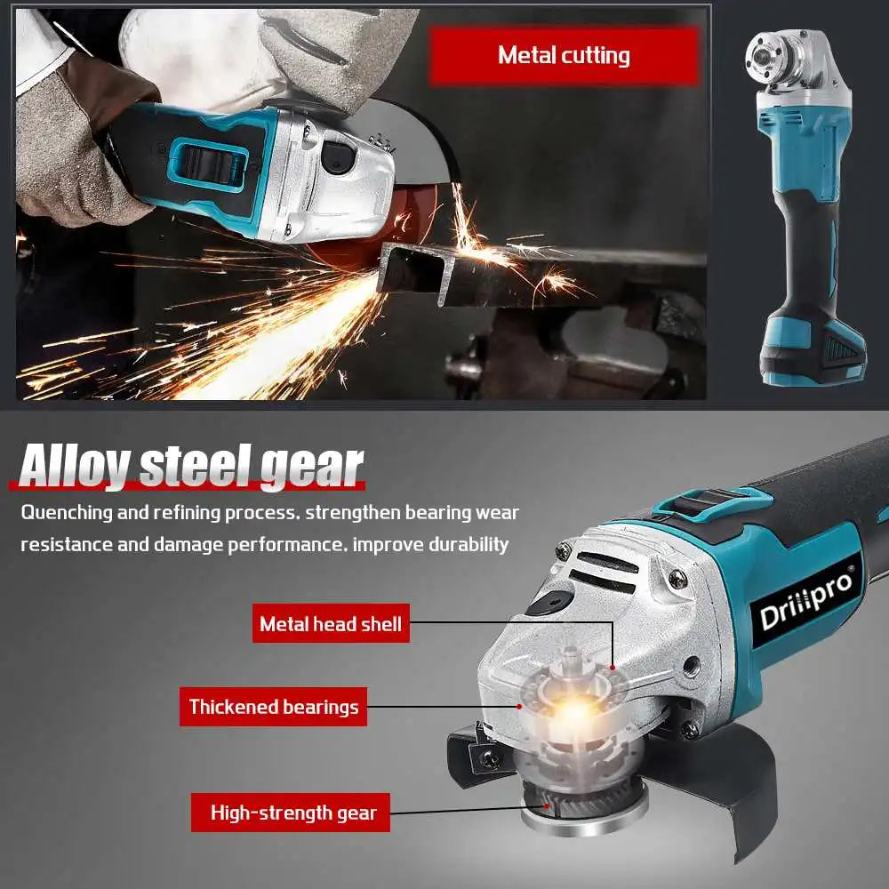 Drillpro 125MM Brushless Angle Grinder Cordless Lithium-Ion Battery Machine Wood Cutting Disc for Makita 18V Battery Power Tools