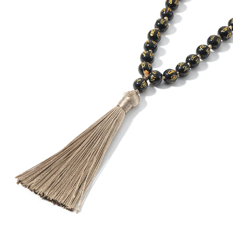 Adults Unisex Black-Gold Colored Engraved Mantra Six Words Mantra Obsidian Blessings Round Beaded-Knotted Tassel Imitation Necklaces