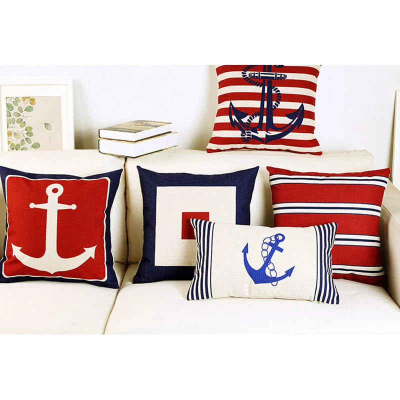 Blue Shell Starfish Linen / Cotton Throw Pillow Cover /Colors-Blue/Red/Animal