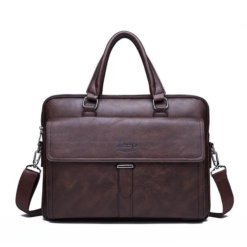 JEEP BULUO Men Faux Leather Shoulder Straps-Handle Briefcase Polyester Bags/For 14 Inch Laptop/Pockets/Laptop Compartment/Colors-Brown/Black