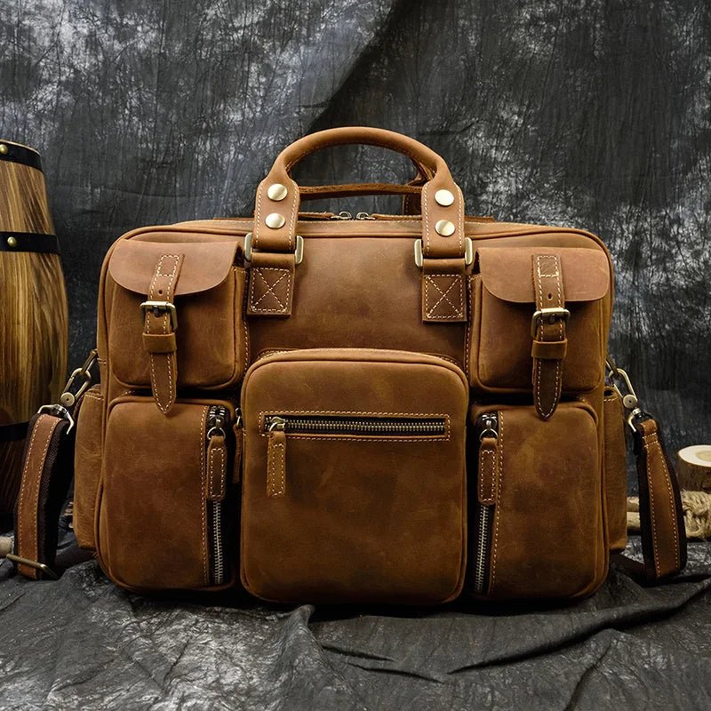 Men Luufan Vintage Zipper Cow Leather Briefcase Bags/Fits 15.6 Inch Laptop/Handles/Shoulder Straps/Single-Laptop Compartments/External Pockets/
