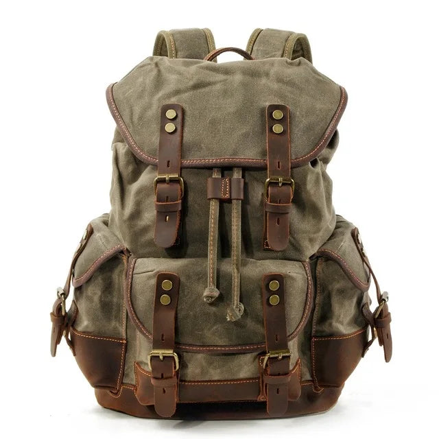 Unisex Military Hiking Interior Zipper Canvas Leather Polyester Over Flap-Belt Design Backpacks/Single Laptop Compartment/ Shoulder Strap/Handles/Interior Pockets-External Pockets/Colors-Green/Gray/Brown/Black/Animal