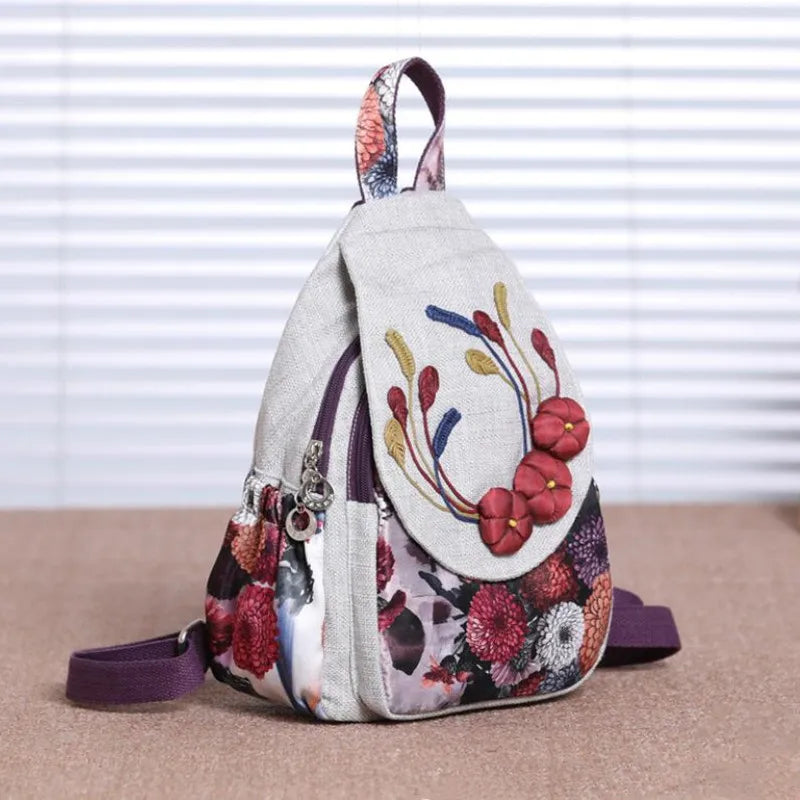 Women Lightweight Zipper Softback Floral Bohemian Handmade Linen Polyester Backpacks/ External Pockets/Back Strays-Handle/Purple/Gray/Multicolor