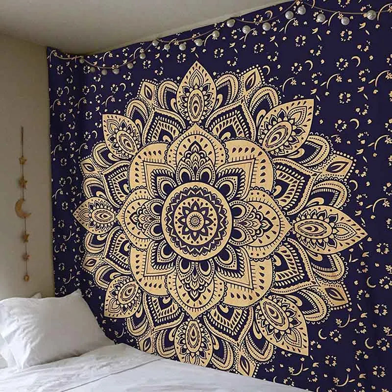 Geometric Color Printed Black Background Mandala Wall Hanging Cotton-Polyester Tapestries