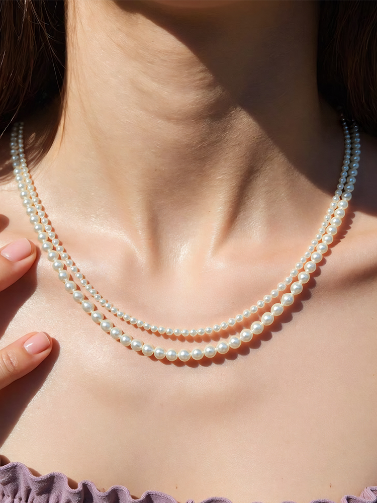 Adult Women Annaya Baby Swarovski Crystal Glass Double-Layer Twin Shell White Pearls Ball Chain Imitation Metal Pendant Necklaces/ Colors-White/Silver/Blue