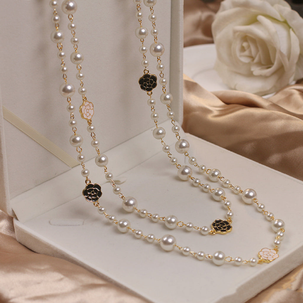 Yaoyizun Camellia Pearl Necklace 2024 New Arrival Light Luxury Temperament Double Layer Twin Sweater Chain Long