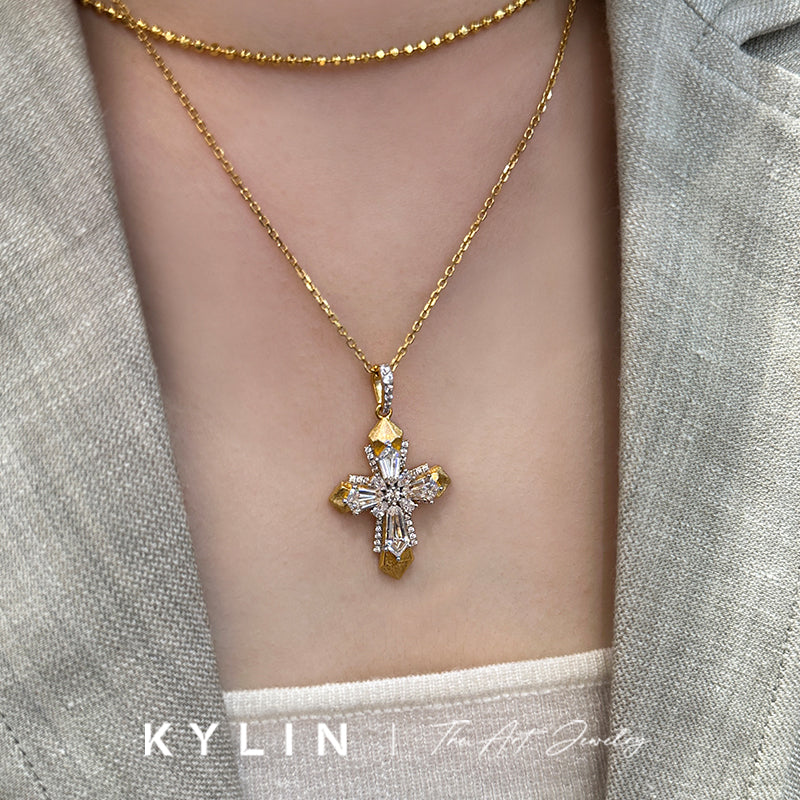 QIXUAN Fine Imitation Sterling Silver-Gold-Plated Metal Inlaid Artificial Clear White Shiny Diamond-Like Gemstones Cross Pendant Clavicle Chain Necklaces