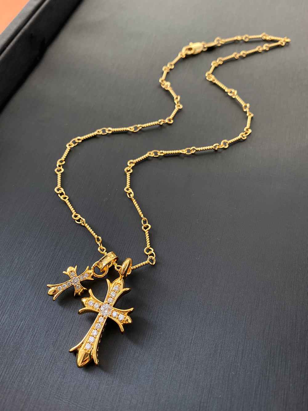 Women Unisex Fine Imitation Copper-Brass-Gold-Plated Metal Clear White Diamond-Like Stones Pink Crystal Semi Gemstones One Large-One Small Cross Pendants Chain Necklaces/Colors-Gold/Silver/Multicolor/Clear/White/Pink