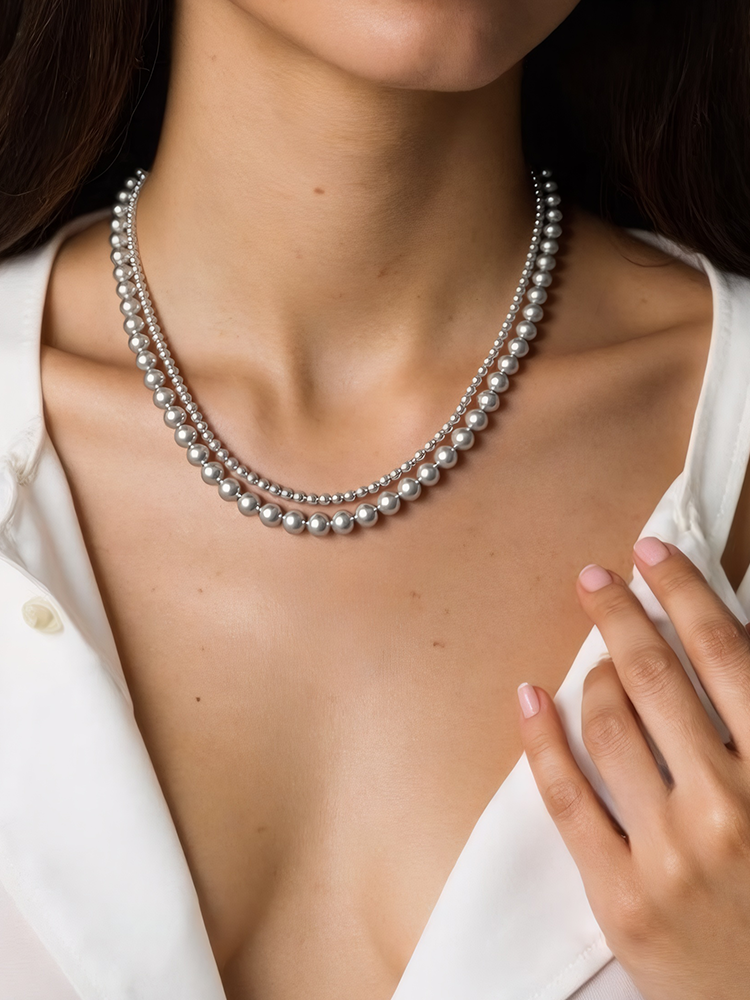 Adult Women Annaya Baby Swarovski Crystal Glass Double-Layer Twin Shell White Pearls Ball Chain Imitation Metal Pendant Necklaces/ Colors-White/Silver/Blue