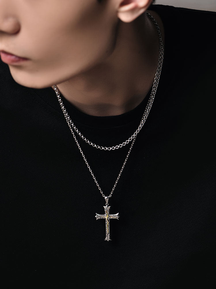 MYSH Sterling Silver Tree of Life Cross Necklace Men's Pendant Easiest for Match Fancy Handsome Pendant Original Design