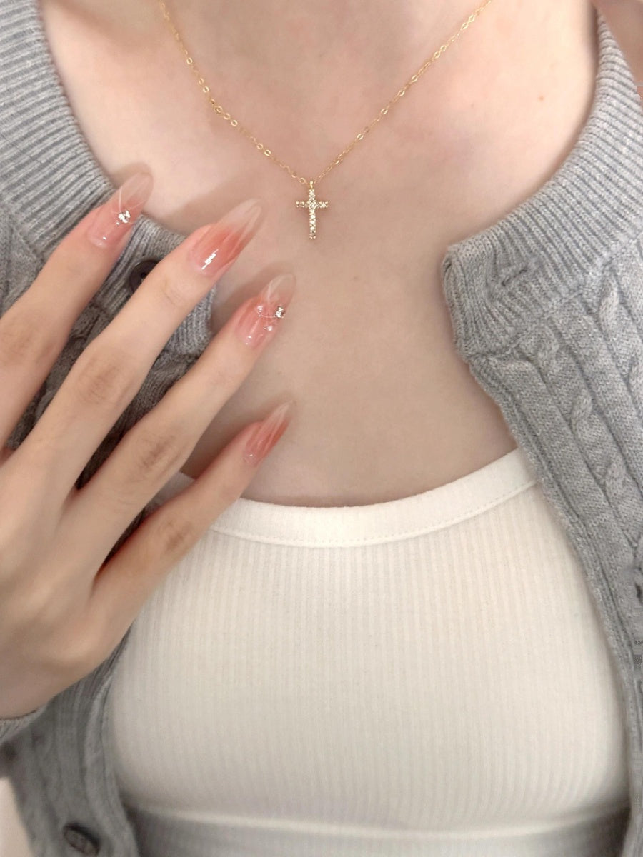 Women New Fine Imitation Gold-Sliver Titanium Steel Metal Christian Faith Mini Cross Shaped Inlaid Un-Mosaic Shiny Clear White Diamond-Like Stones Chain Electroplated Necklaces