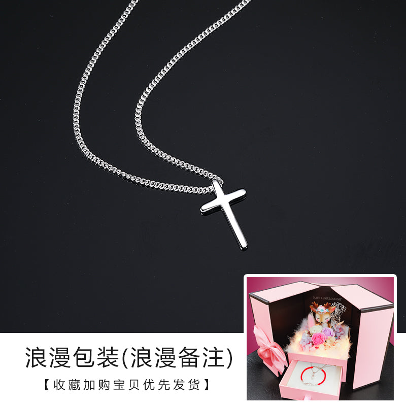 Women Elegant Fine Imitation Sterling Silver Mori Small Cross Pendant Chain Link Necklaces