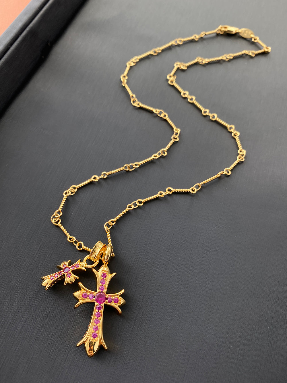 Women Unisex Fine Imitation Copper-Brass-Gold-Plated Metal Clear White Diamond-Like Stones Pink Crystal Semi Gemstones One Large-One Small Cross Pendants Chain Necklaces/Colors-Gold/Silver/Multicolor/Clear/White/Pink