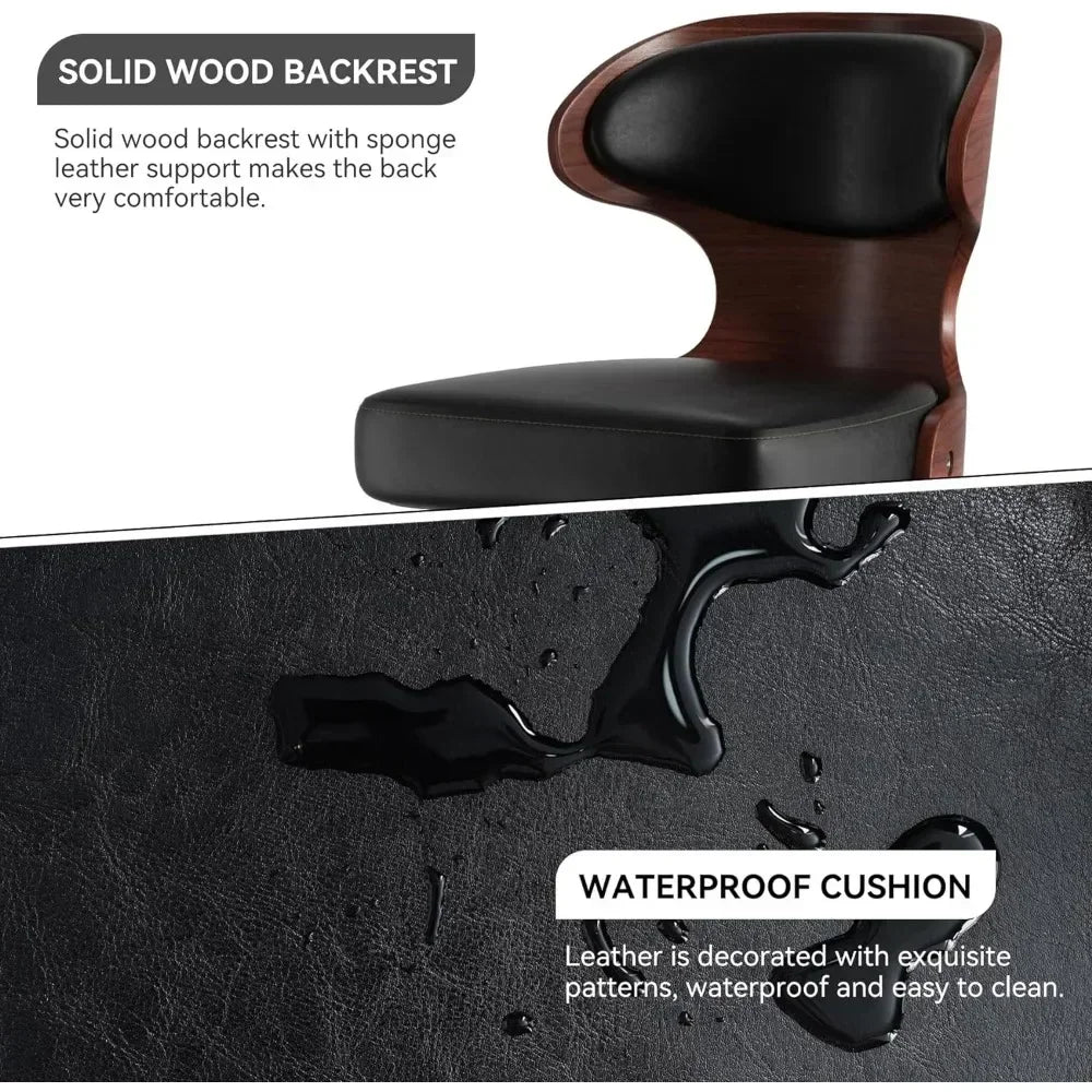 2 pcs L-Shaped Adjustable Height Solid Wood Low Backrest Bentwood Swivel Waterproof Leather Upholstered Cushion Barstools/Black Metal Frame Base /Footrest/Colors-Black/Blue/Green/Brown