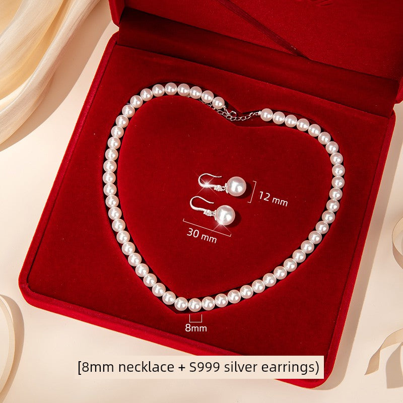 Adult Women Sterling Silver White Pearl Necklace-2 Hanging White Pearl Earrings Fine Imitation Jewelry Sets/Colors-White/Silver