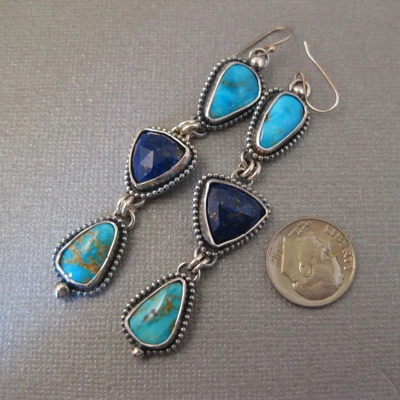 Women-Teen Girls Retro Silver Metal Handmade Blue-Green Stone Triangle Dangle Tear Drop Imitation Earrings/Colors-Blue/Green/Silver/Multicolor