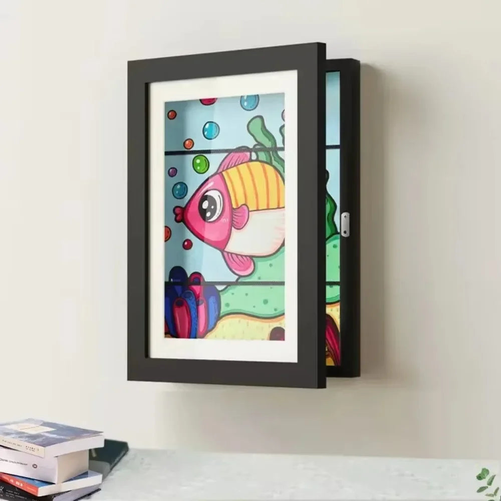 Kids Rectangle Wood Trim Acrylic Cover Artwork Display Magnetic Closure Picture Frames/Elastic Band/Colors-White/Black/Brown/Green/Pink