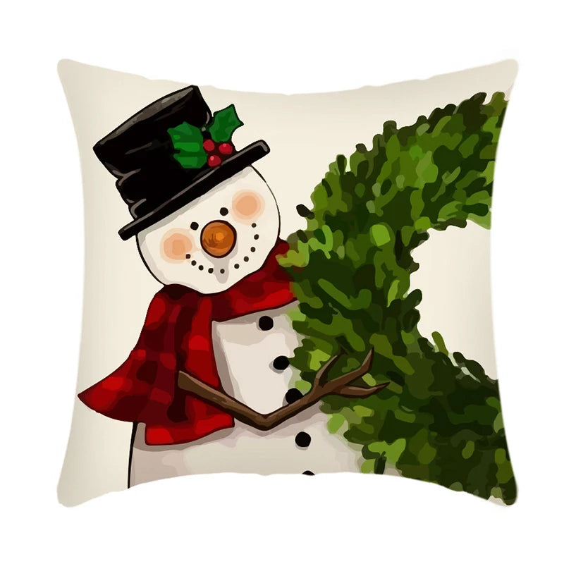 4 PCS Set Christmas Linen Snowman-Elk-Yarn Mittens-Christmas Tree-Wreath Plaid Throw Pillows/Colors-White/Red/Gray/Plaid